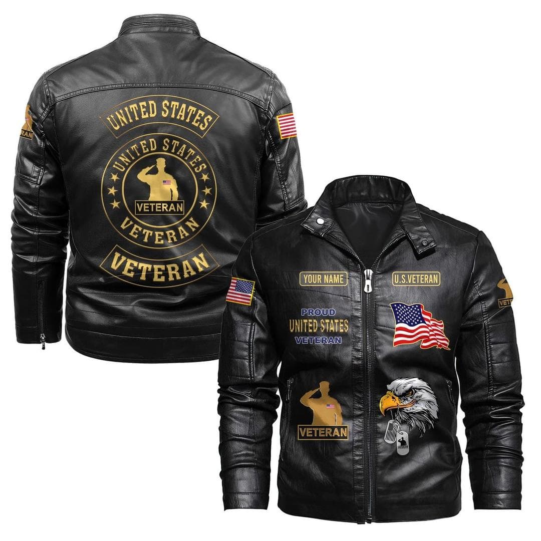 United States Veteran black leather jacket with gold insignia, front and back