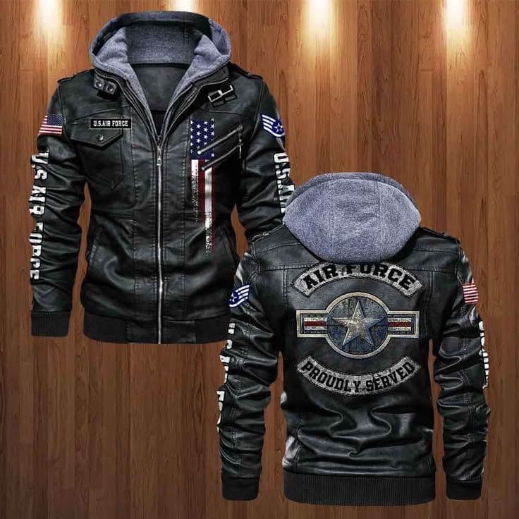 Distressed black Air Force bomber jacket with detachable hood and star emblem back patch