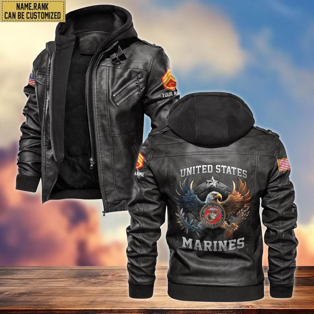 United States Marines hooded leather jacket with eagle emblem