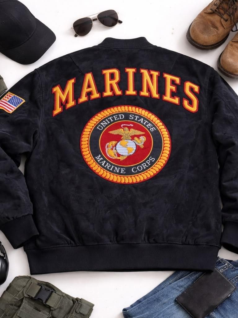 Navy suede MARINES varsity bomber with United States Marine Corps crest