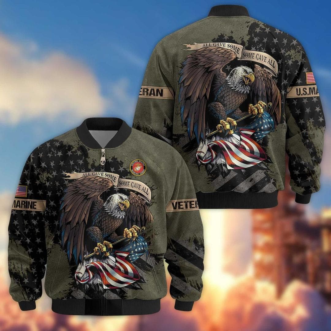 Olive 'All Gave Some Some Gave All' eagle print bomber jacket, front and back