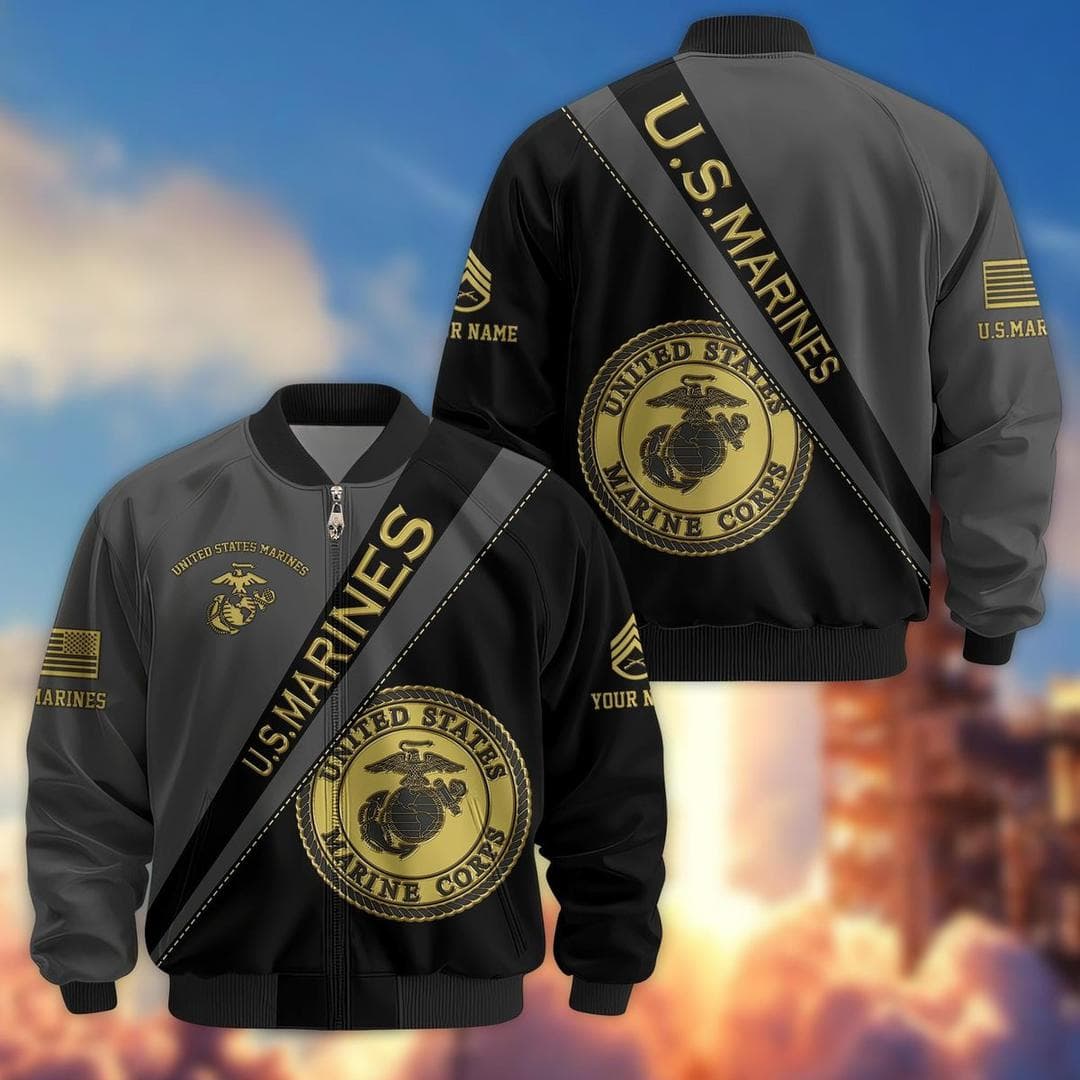 Charcoal and gold U.S. Marines bomber jacket with Marine Corps emblem