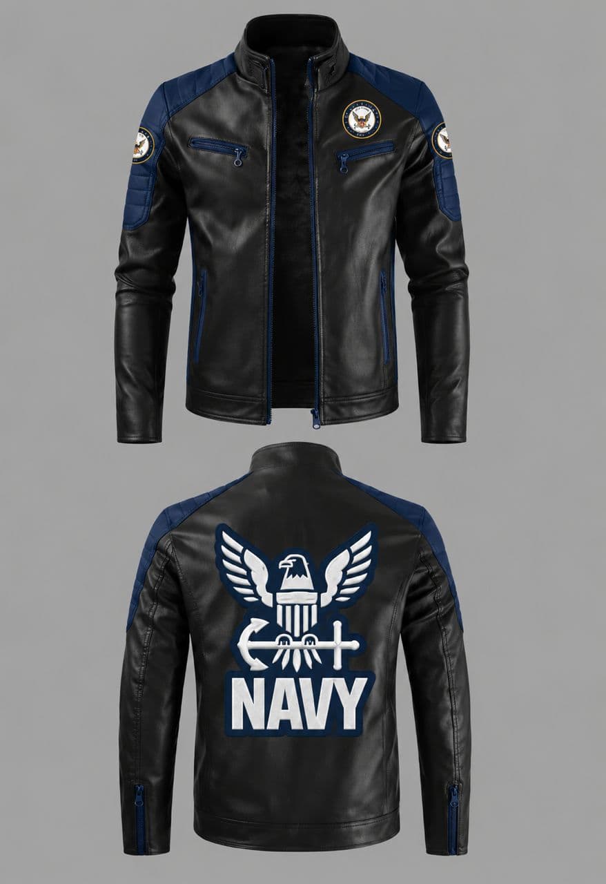 Black and navy U.S. Navy racer jacket front and back view with eagle emblem