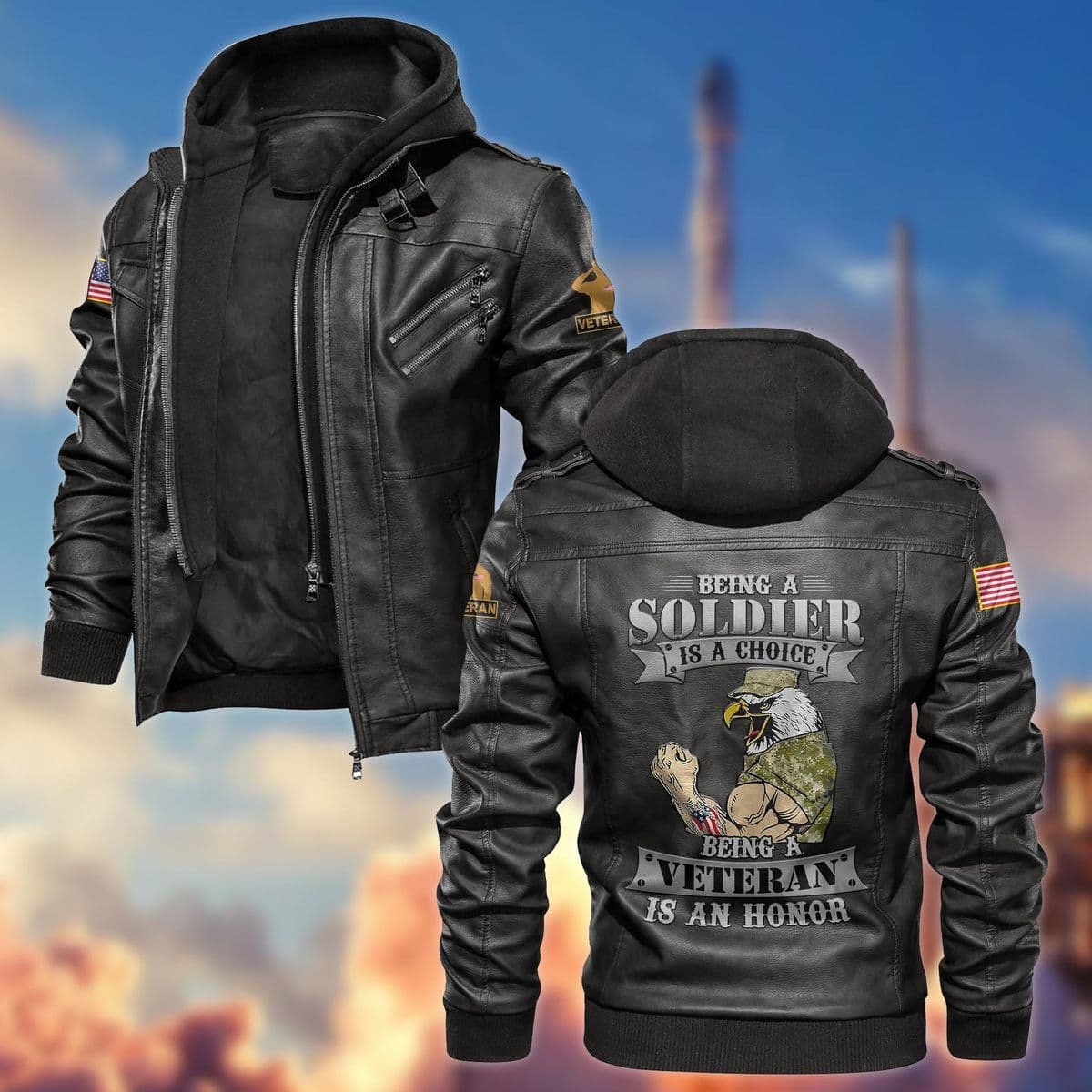 Black hooded leather jacket with veteran eagle graphic and American flag sleeve patches